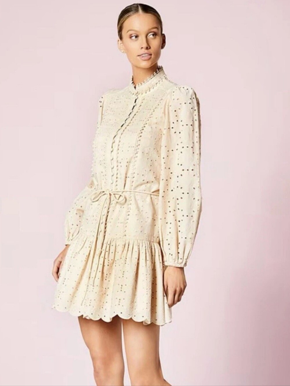 Antonio Melani Mini Dress 12 Tan Eyelet 100% Cotton Brynn Embroidered New $230